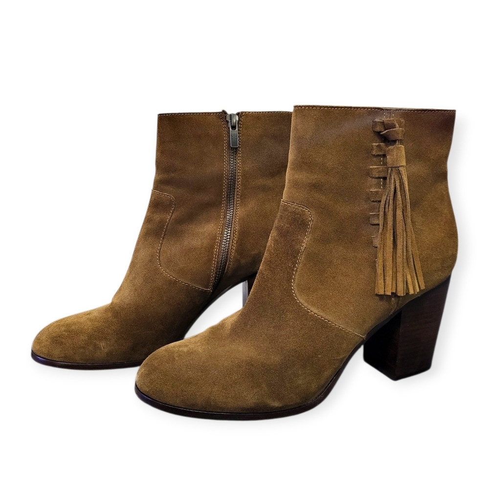 FRYE Myra Tassel Lace Heeled Ankle Boot In Chestnut Brown Suede Leather 11